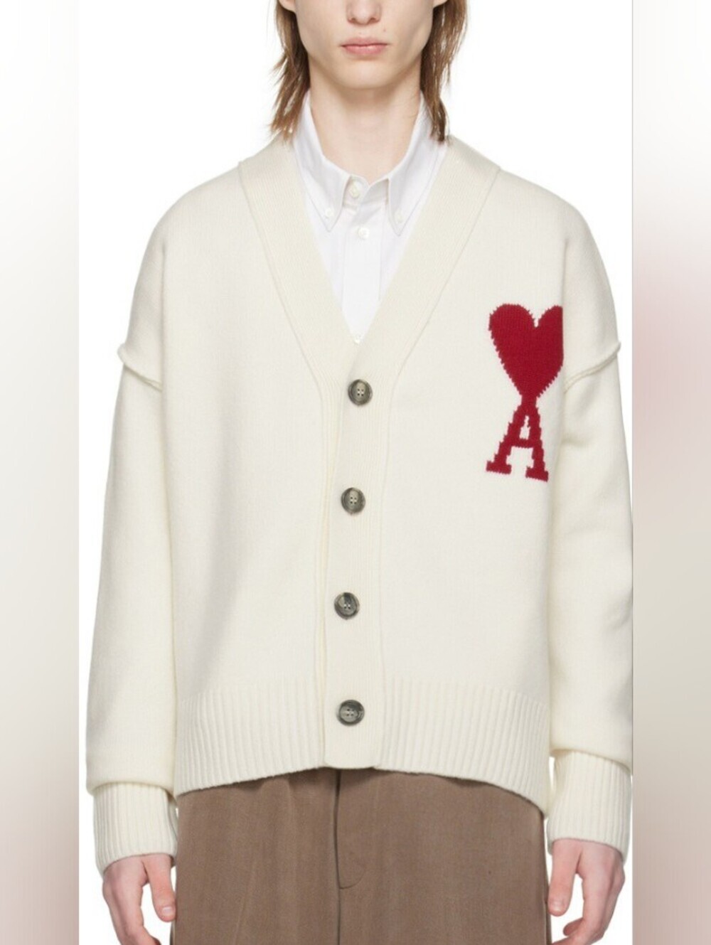 AMI Paris Alexandre Mattiussi Luxe Cream Cardigan with Red Heart 'A', L